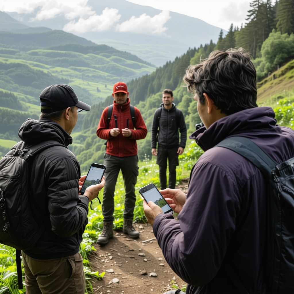 Hikers with mobile devices and local guides in Berane natural landscape