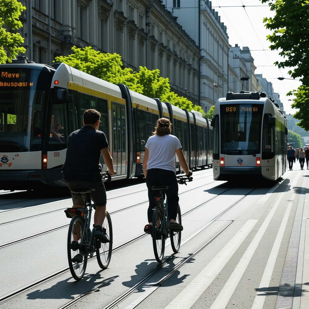 Cyclists riding on bike lanes alongside trams and buses in Bucharest