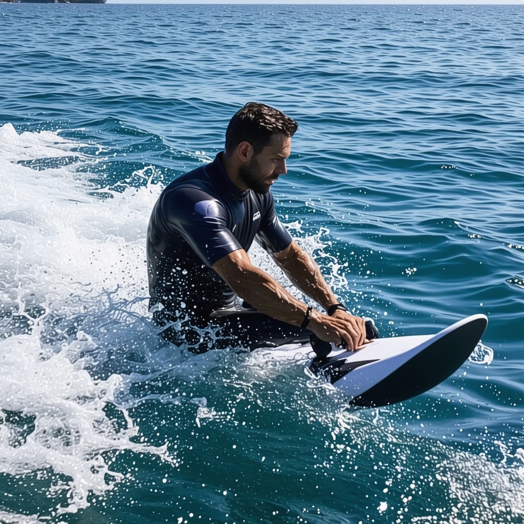 Water sports coach analyzing athlete movements with digital metrics on Adriatic Sea near Split