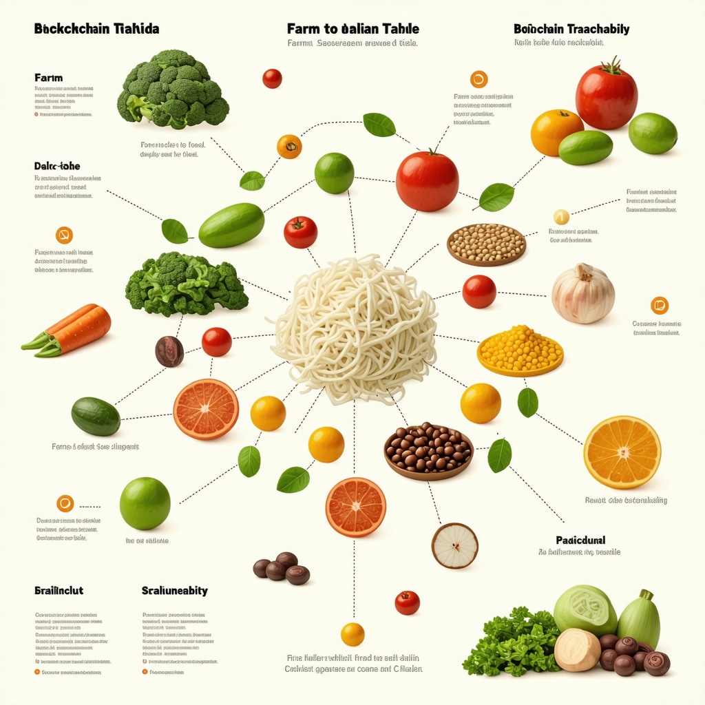 Infographic depicting blockchain technology ensuring traceability and authenticity of traditional Balkan foods from Novi Pazar