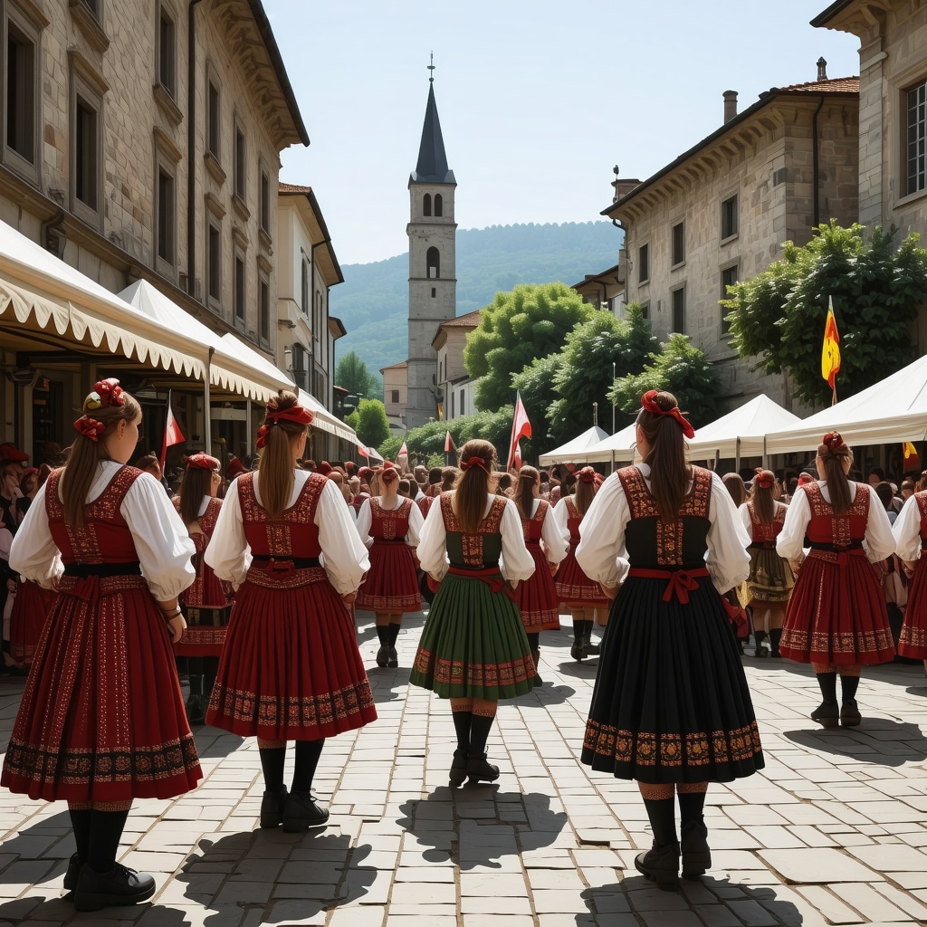 Outdoor cultural festival in Cetinje with digital art and traditional Balkan motifs