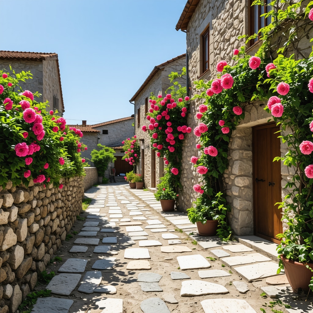Narrow cobblestone street with traditional stone houses and flowers in Nesebar Old Town