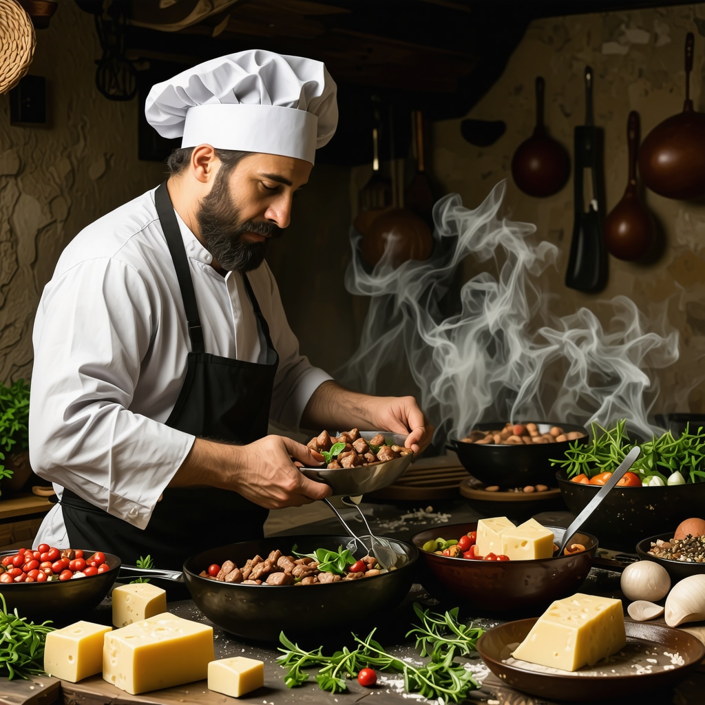 Chef in traditional Serbian kitchen preparing lamb stew sous-vide with natural ingredients