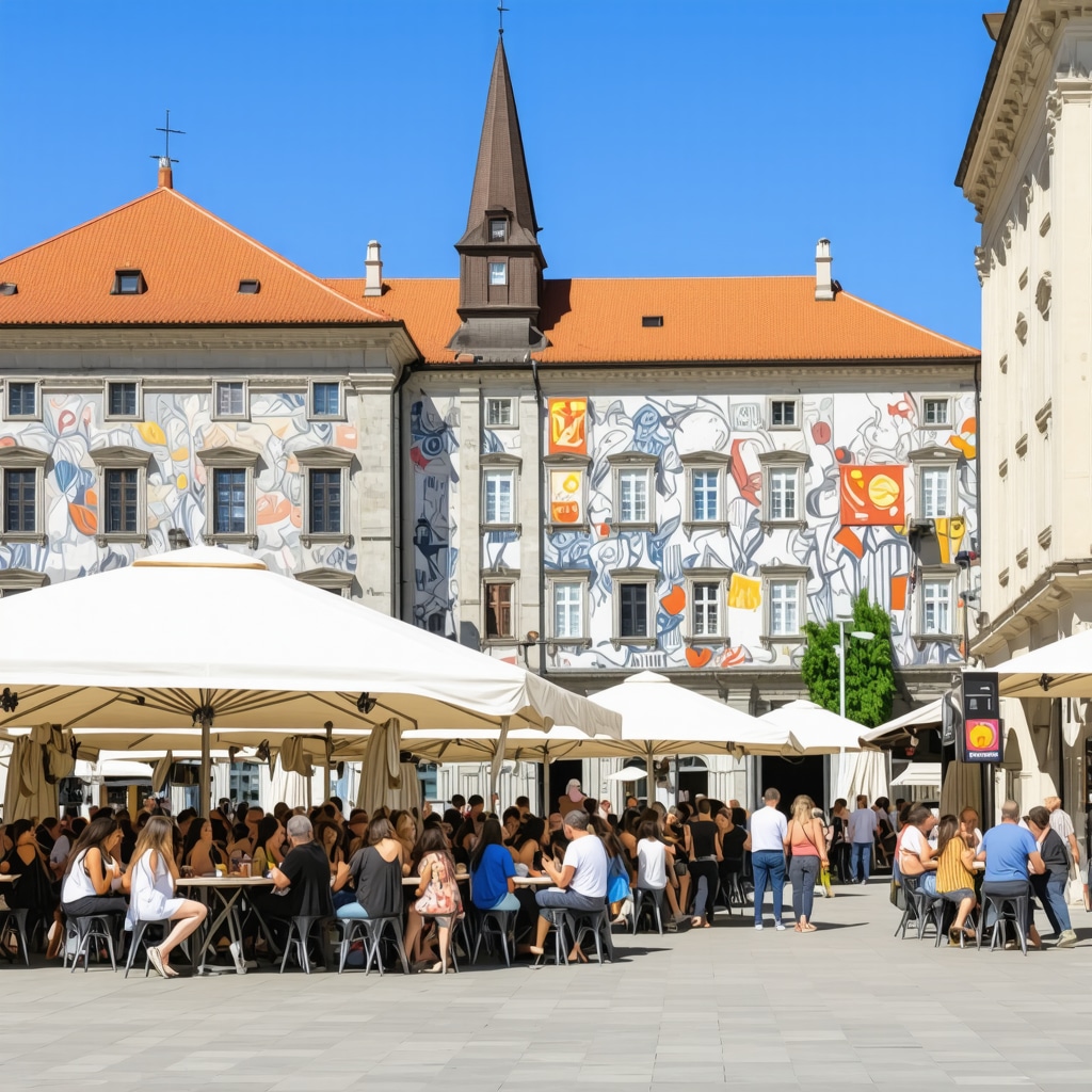 Historic architecture and modern street art in Cluj-Napoca with people at outdoor cafes during festival