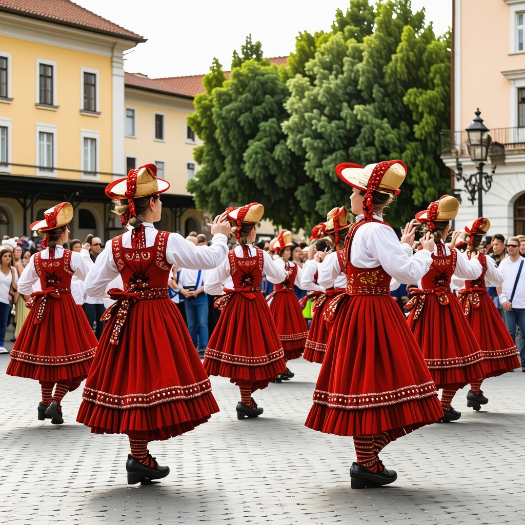 Traditional Romanian folk dancers performing with augmented reality effects at Cluj-Napoca festival