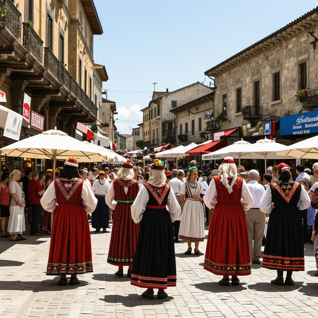 Traditional Balkan cultural festival in Novi Pazar with people in traditional costumes and Ottoman-era buildings