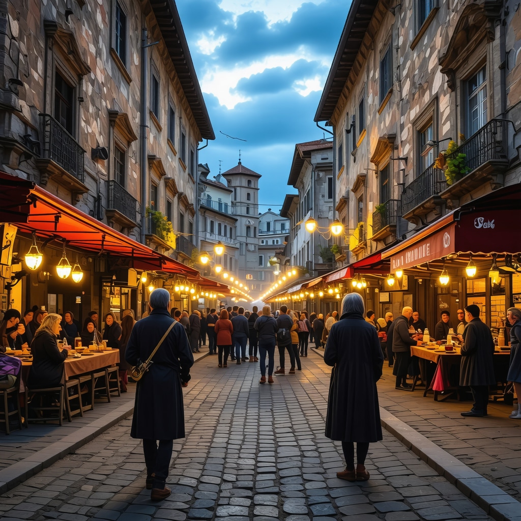 Night scene of Sarajevo's Baščaršija with traditional crafts and modern digital art during a cultural festival