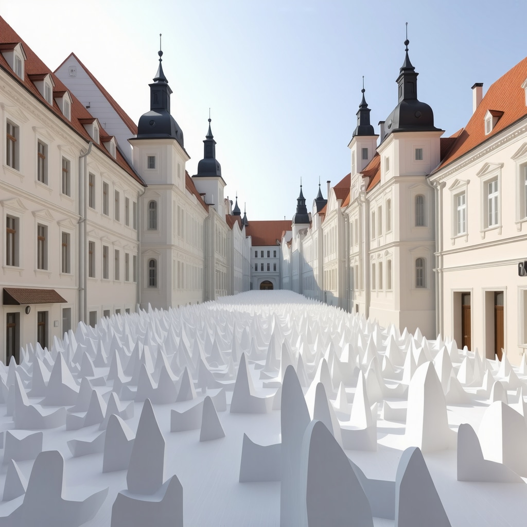 3D visualization showing Sibiu Old Town's historic buildings integrated with modern digital art exhibits