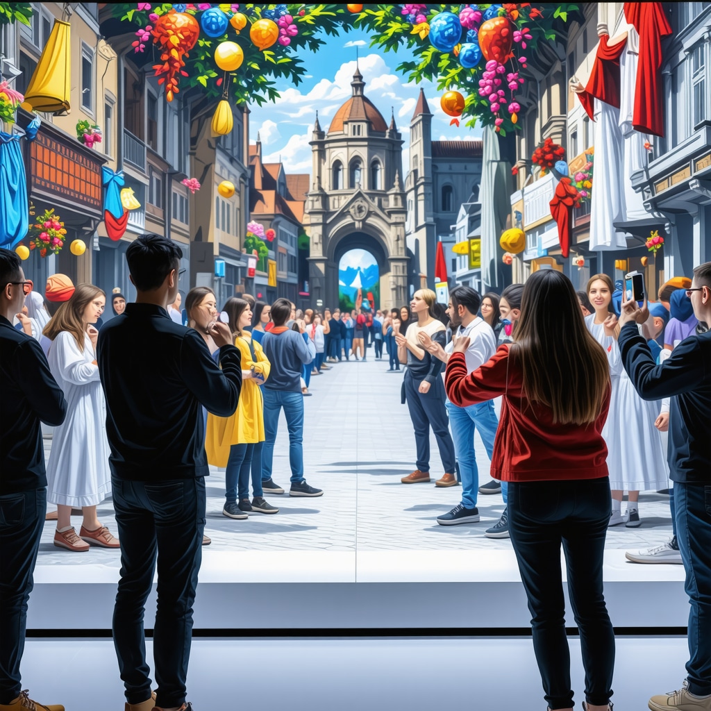 Visitors engaging with an interactive augmented reality art installation blending tradition and technology at Cluj-Napoca festival
