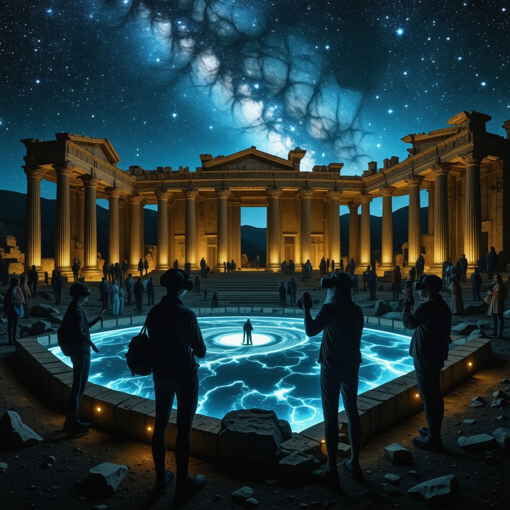 Visitors interacting with digital holograms and VR reconstructions among Apollonia ancient ruins at night