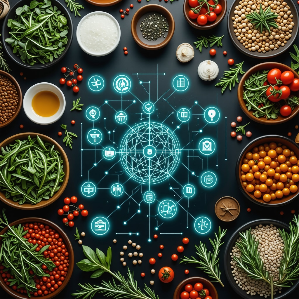 Illustration of blockchain technology applied to tracking traditional Balkan food ingredients in Novi Pazar with cultural and ecological icons