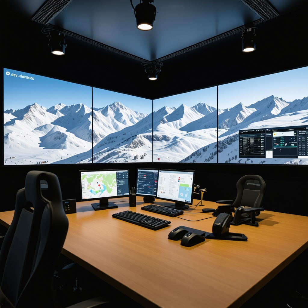 High-tech digital control room with environmental monitoring screens in a mountain ski resort