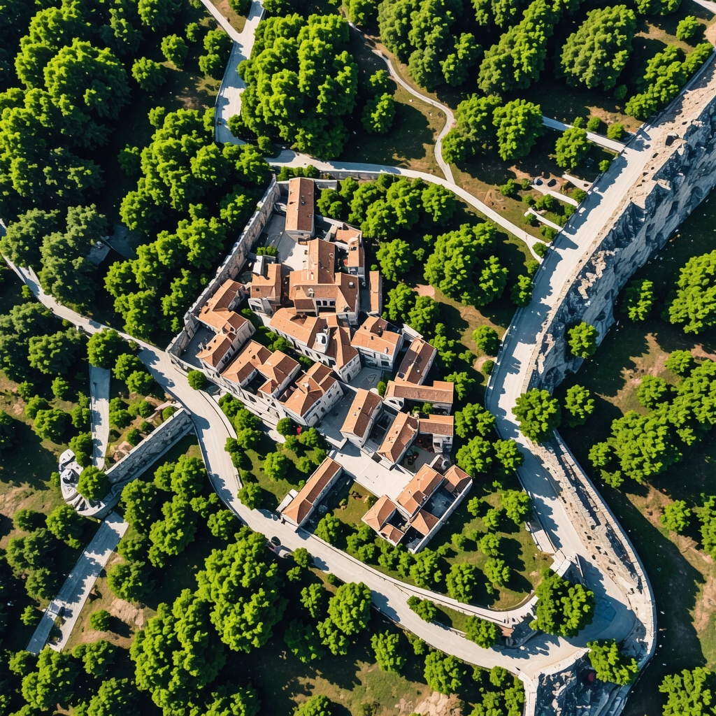 Aerial digital map overlay of Počitelj Old Town showing GIS and AI conservation data