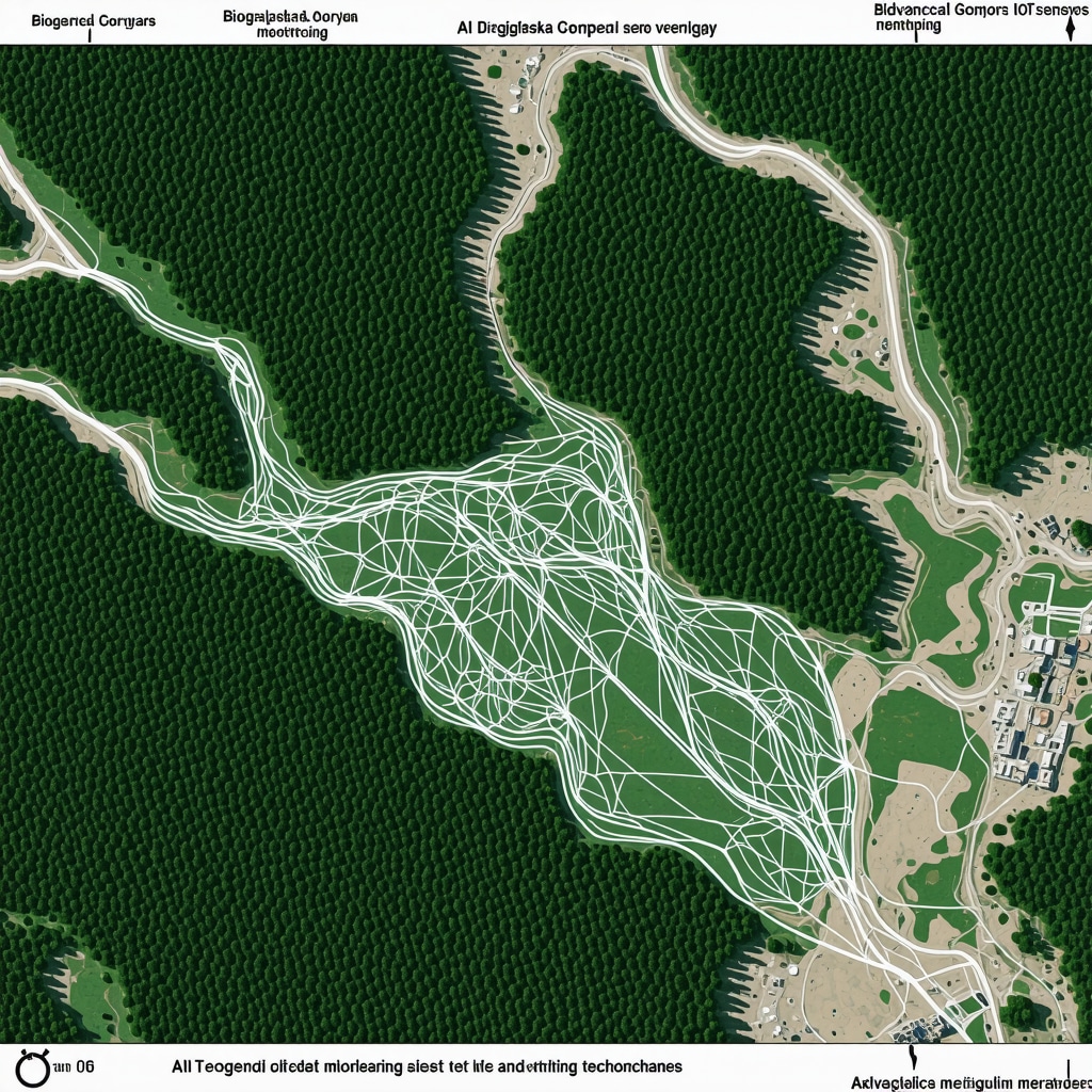 Aerial view of Biogradska Gora with digital overlays of AI and IoT ecological monitoring systems