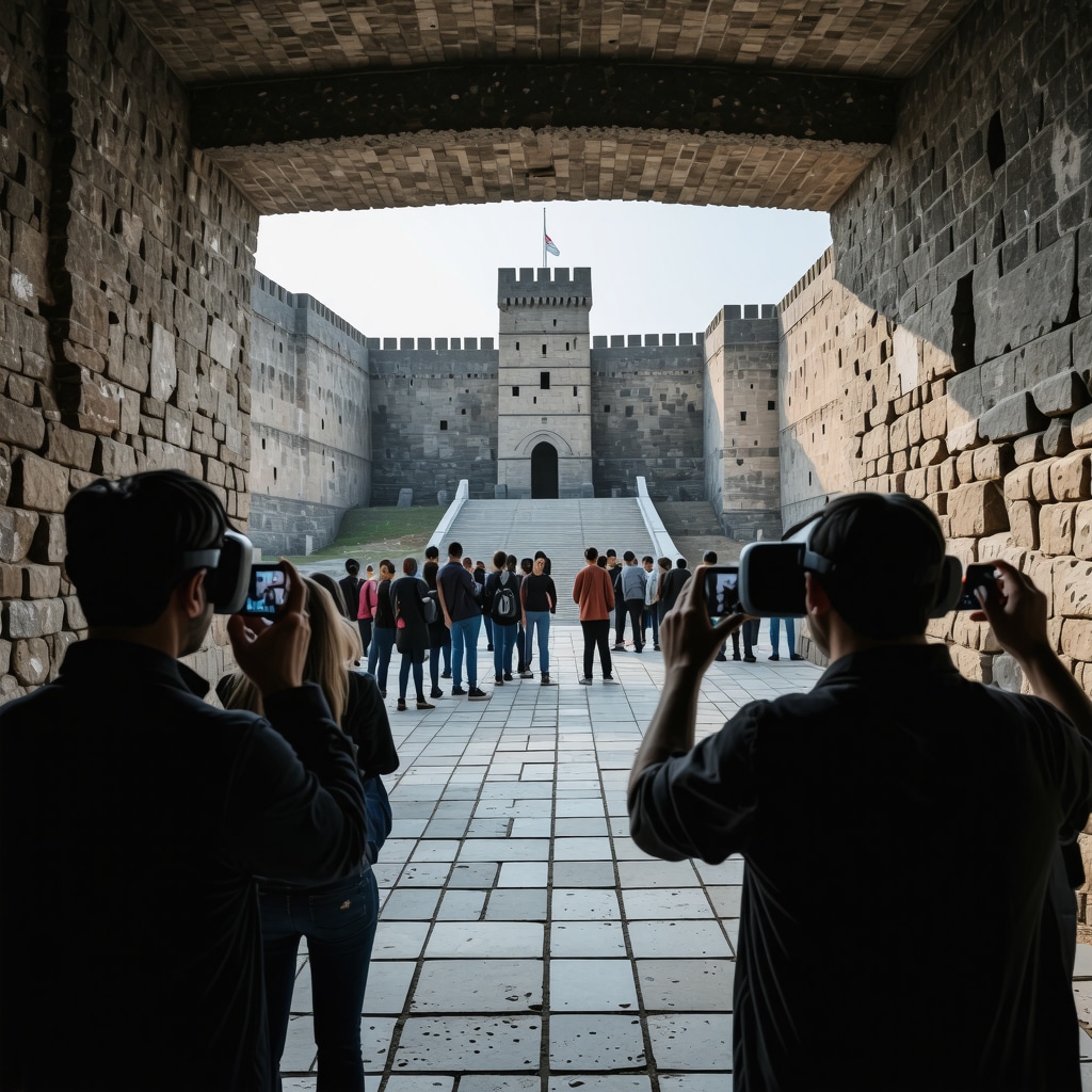 Tourists experiencing an augmented reality digital tour inside Smederevo Fortress blending ancient walls with modern technology