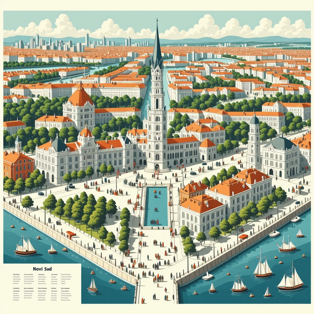 Illustration of Novi Sad digital map showing AR hotspots, IoT sensors, and cultural landmarks for smart tourism