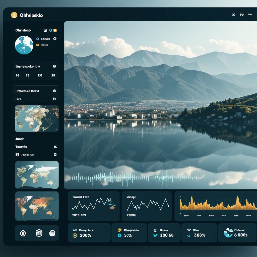 Futuristic digital dashboard displaying environmental and tourism data over Ohridsko Lake and Pogradec landscape