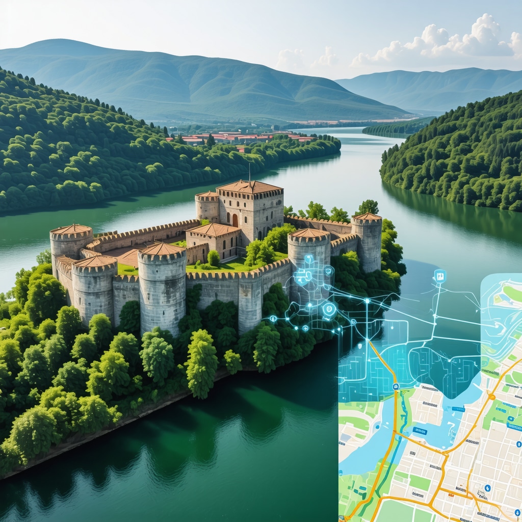 Aerial view of Golubac fortress and Danube River with digital overlays indicating smart sensors and AR guides in natural park