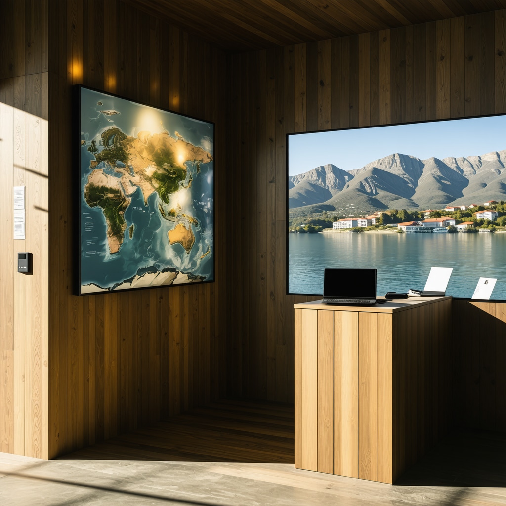 Visitors experiencing virtual reality and interactive tourism technology at a modern center in Pogradec with Ohrid Lake in the background