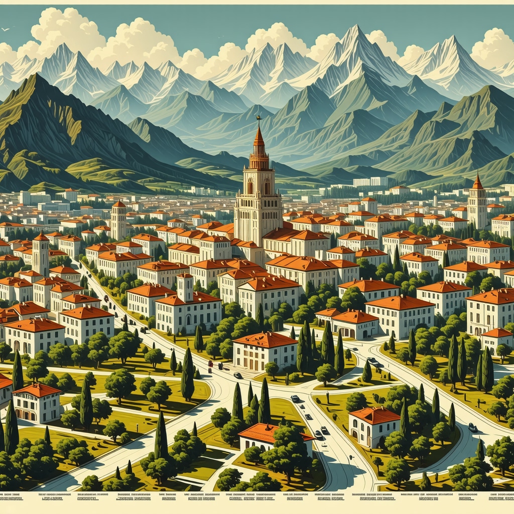 Futuristic digital map illustrating interactive cultural sites and traditional houses in Skopje blended with modern technology.