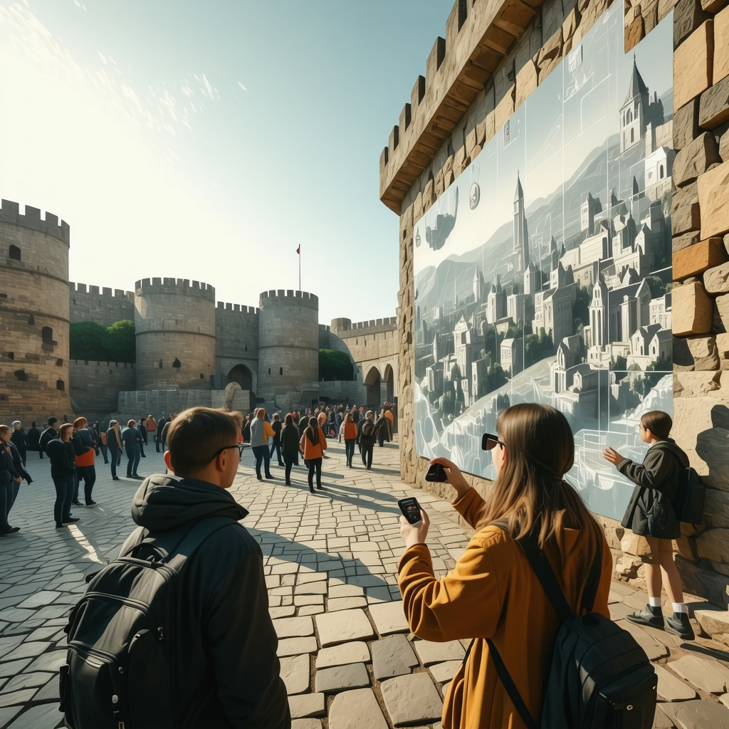 Tourists using augmented reality and smart technology at Smederevo fortress blending history with modern devices
