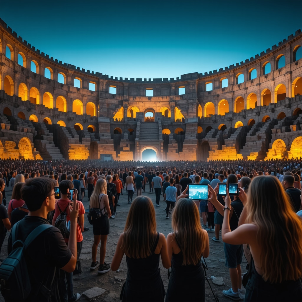 Futuristic digital festival at Pula Roman amphitheater with augmented reality and visitors using smartphones