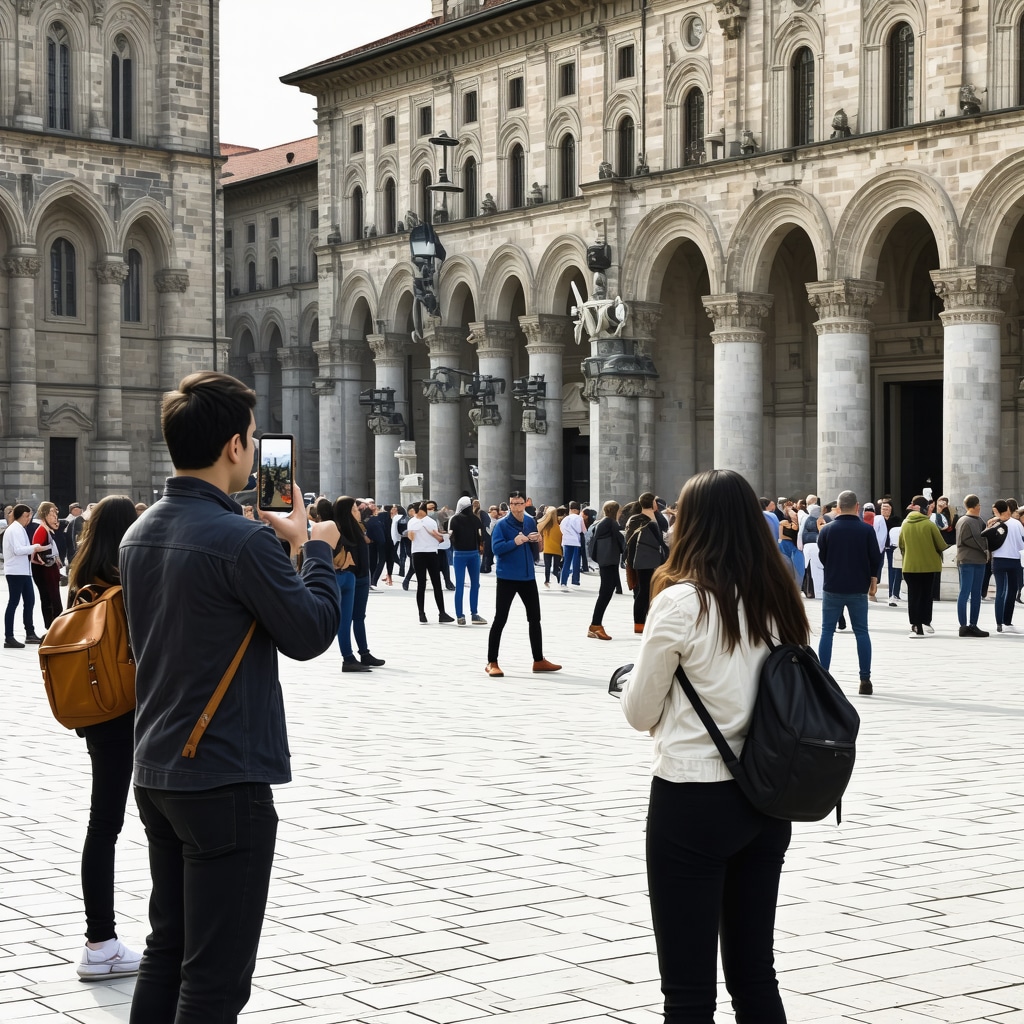 Tourists experiencing digital cultural exhibits and historic Sofia architecture with AR devices, representing sustainable tourism