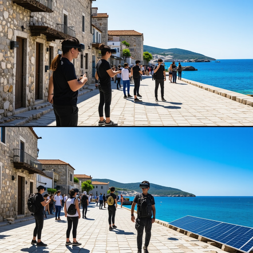Tourists using VR technology on historic Nessebar street with solar panels against sea backdrop