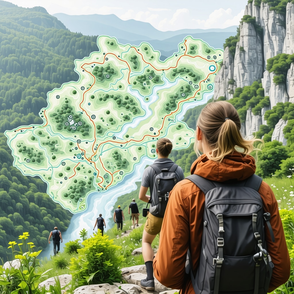 Hikers using GPS devices with advanced digital map overlay showing ecological and weather data in Krka National Park