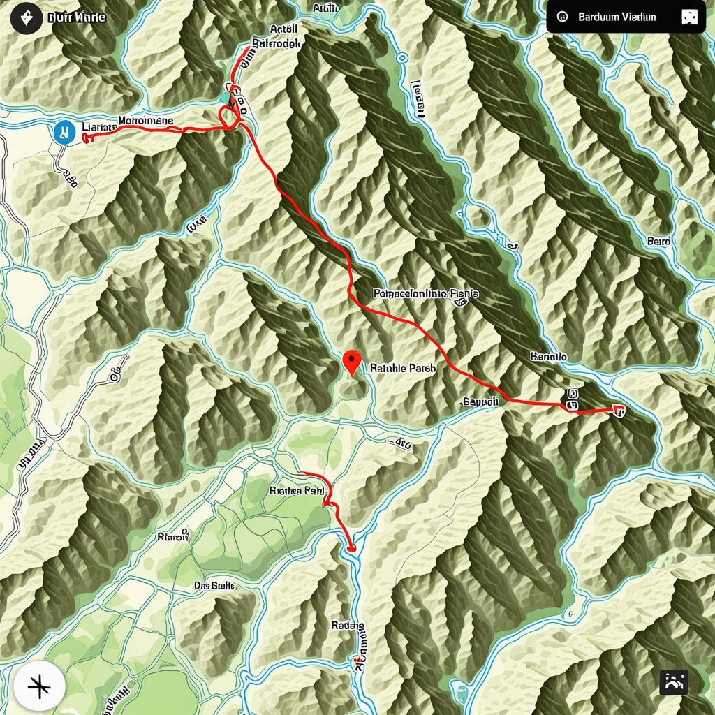 Topographic map with hiking trails and GPS navigation icons on digital device in Tara National Park