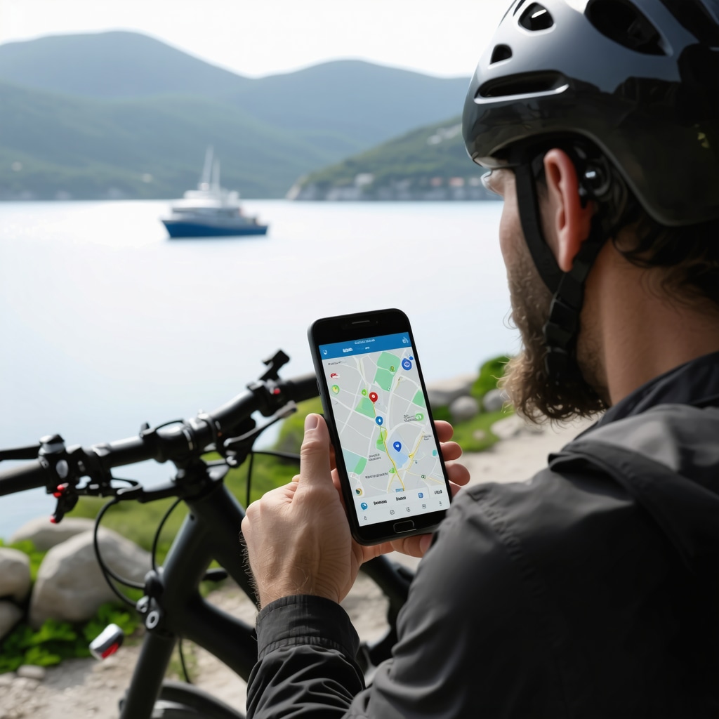 Putnik koristi digitalnu aplikaciju za planiranje putovanja na Lastovu pored električnog bicikla i mediteranskog pejzaža