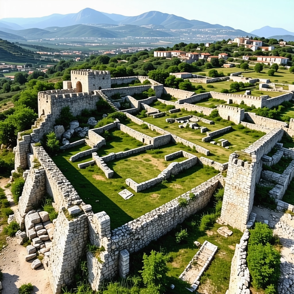 Aerial view of Stolac fortress with LIDAR and 3D digital archaeology visualization
