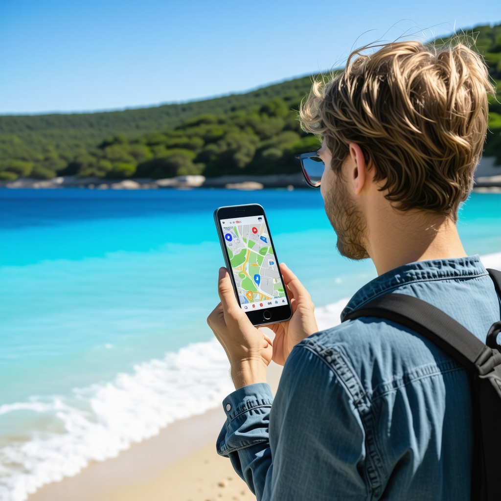 Turista koristi aplikaciju na pametnom telefonu za istraživanje Halkidikija na plaži sa tirkiznim morem i borovom šumom