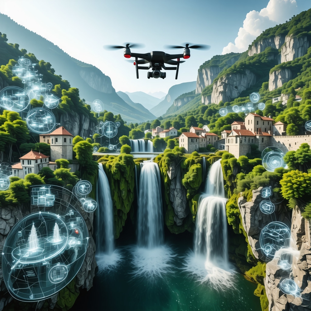 Dron koji nadleće Plivske vodopade u Jajcu sa prikazom digitalnih podataka i 3D modela tvrđava