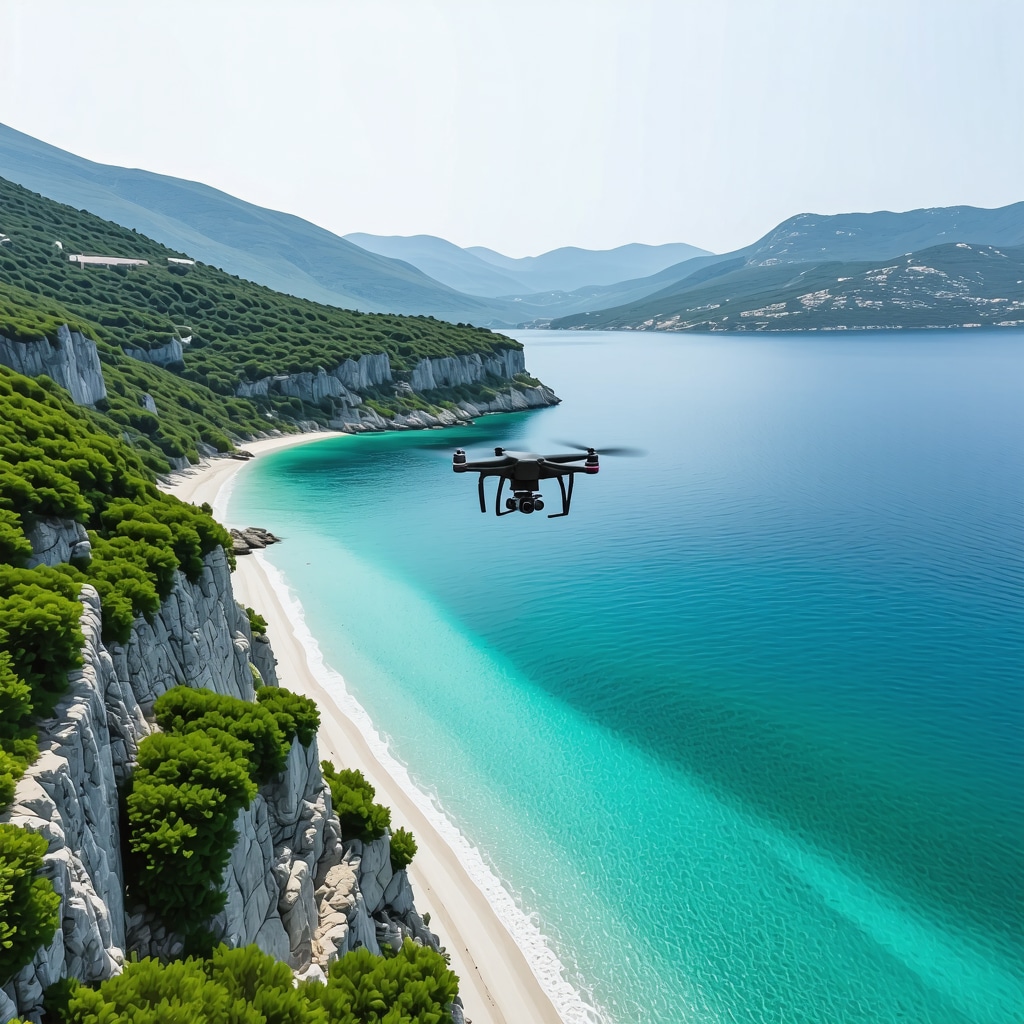 Drone flying over Saranda coastline monitoring environment for eco-tourism and conservation