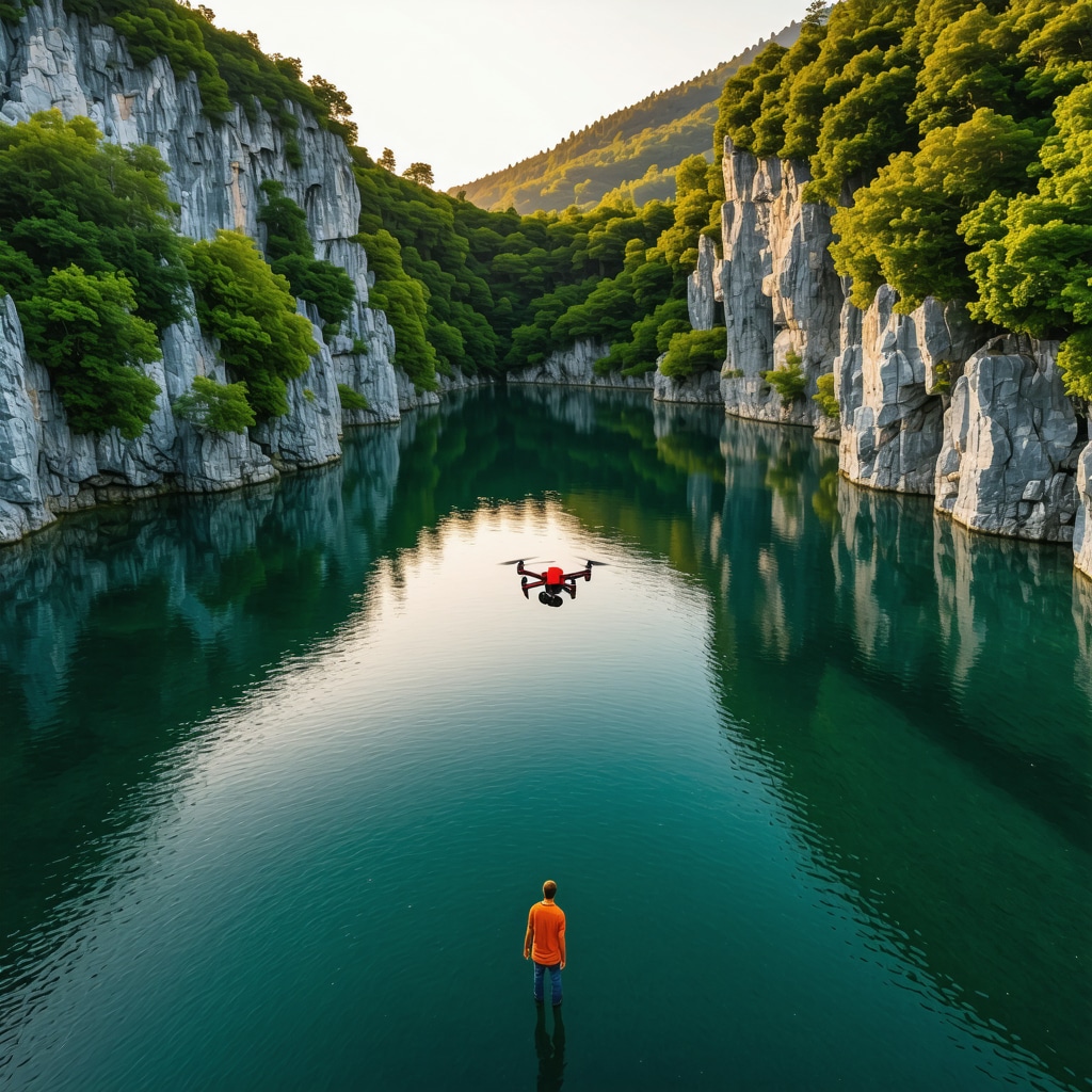 Drone flying above cascading lakes and lush forest in Plitvice Lakes National Park during golden hour