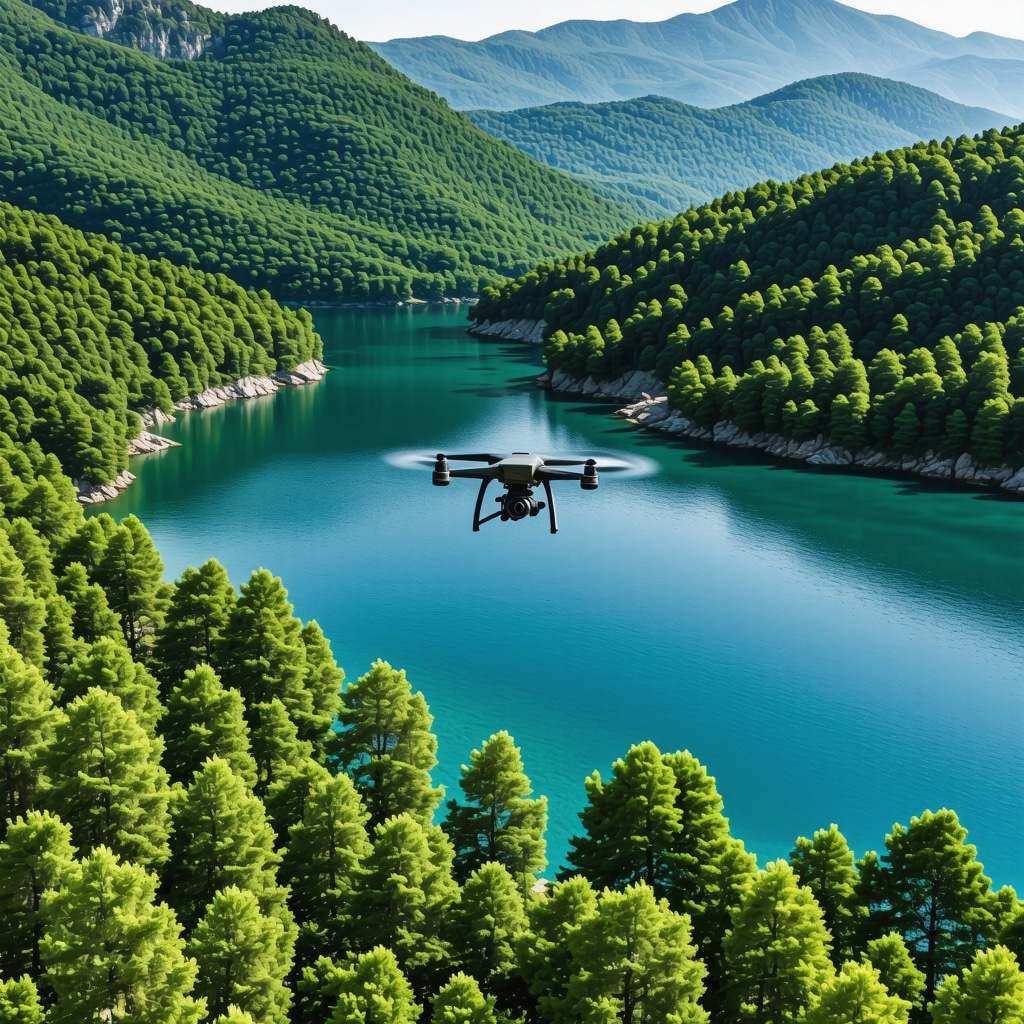 A drone capturing aerial view of Mljet National Park's forests and lakes illustrating conservation technology