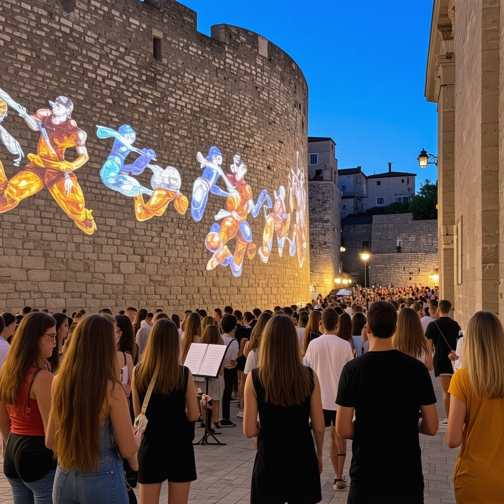 Crowd enjoying a cultural festival with digital projections on historic walls at Lovrijenac Fortress in Dubrovnik, 2024