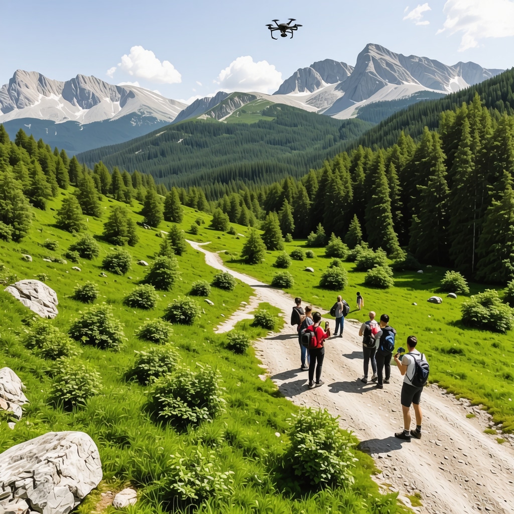 Aerial view of mountainous Durmitor National Park with drones and tourists in ecological workshops