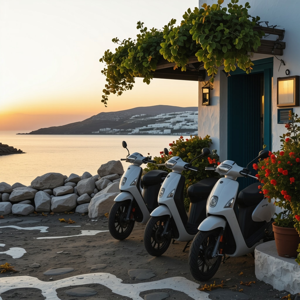 Coastal view of Mykonos with electric scooters and traditional tavern during sunset, representing sustainable tourism and local culture