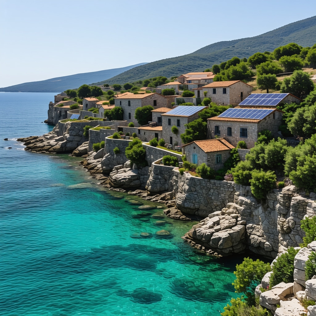 View of Vis island coastline with clear waters, stone houses, and solar panels on rooftops