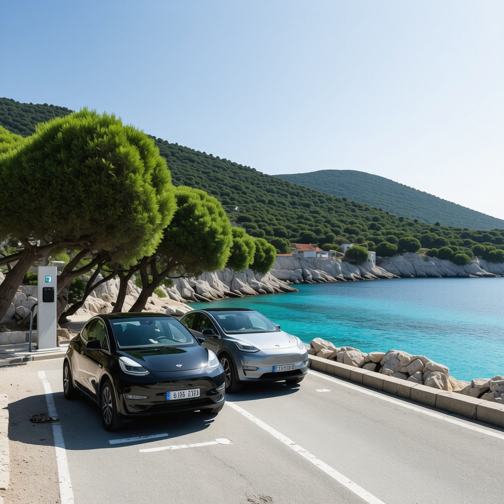 Electric cars charging near Mediterranean coast on Lastovo island surrounded by nature