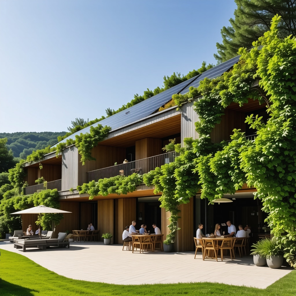 Eco-friendly hotel with solar panels and green roofs in natural surroundings near Ljubuški