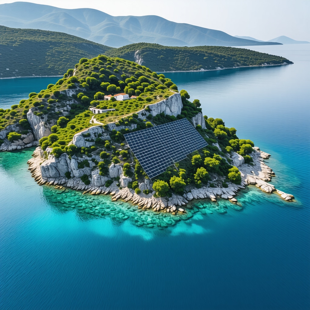 Aerial image of Lastovo island with solar panels and natural environment illustrating sustainable tourism