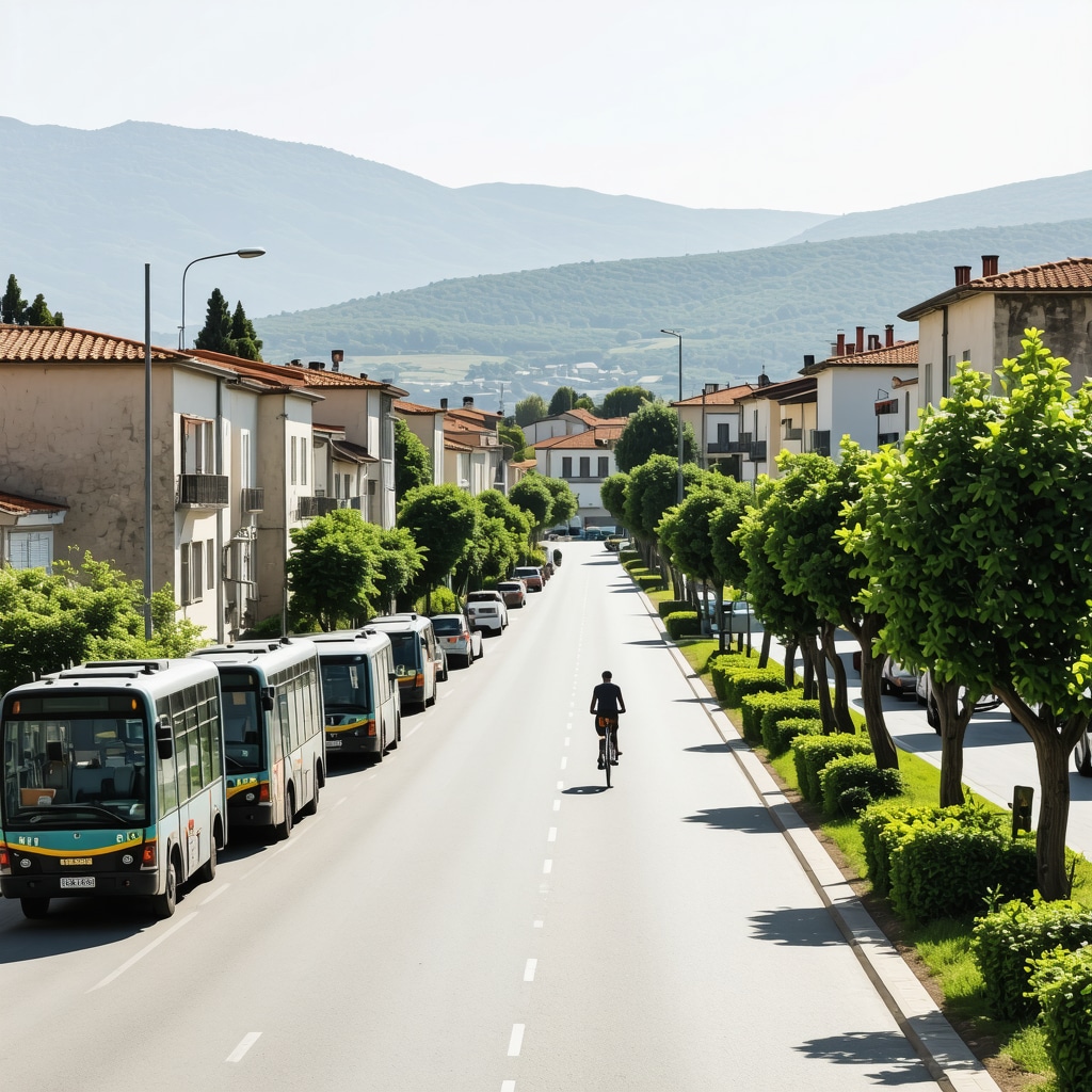 Panoramic view of Korçë city with electric minibuses, cyclists, and traditional Albanian buildings