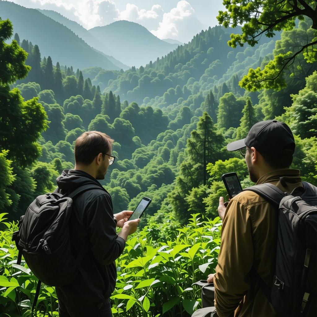 Tourists using mobile apps in natural landscape with IoT sensors visible in Berane