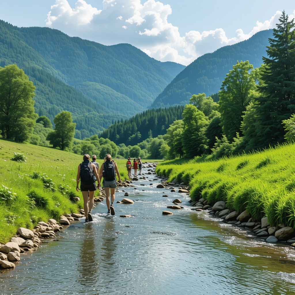 Hikers on eco-tourism trail in lush green Foča mountains next to clear river