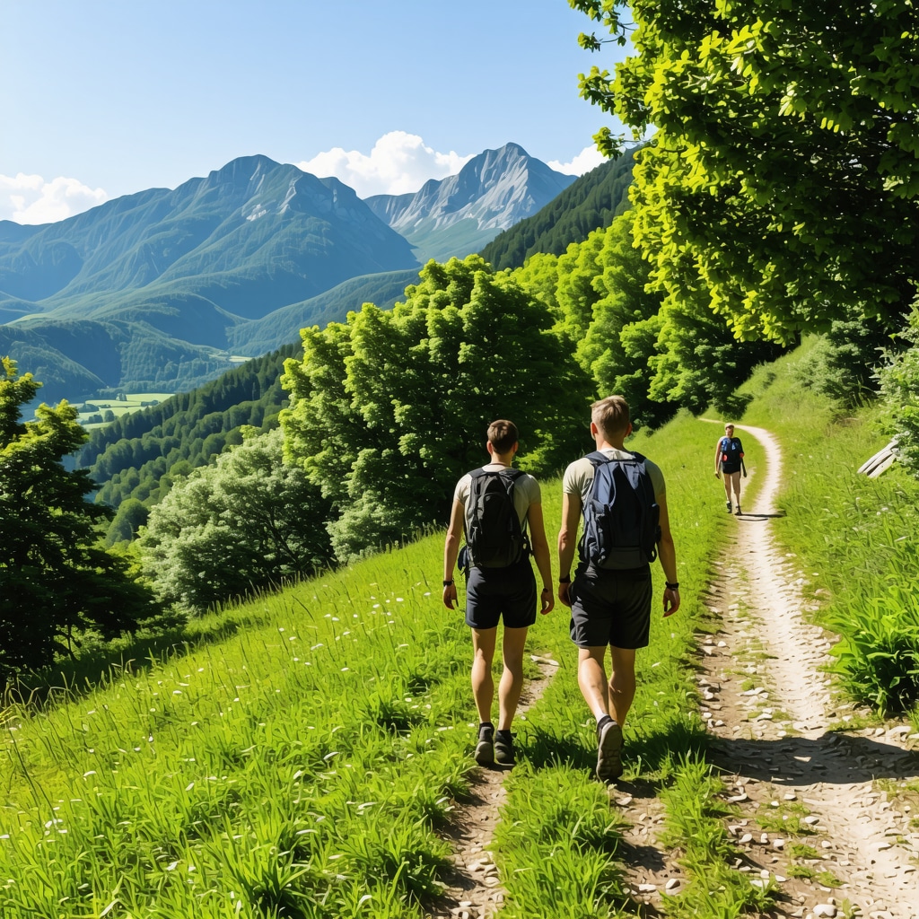 Hikers in Foča using mobile apps on mountain trails showcasing eco-tourism and technology integration