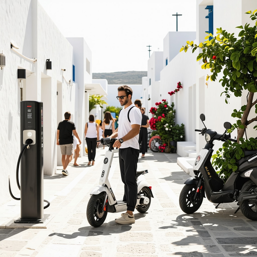 Electric scooter charging station in Mykonos with tourists using mobile smart transport applications