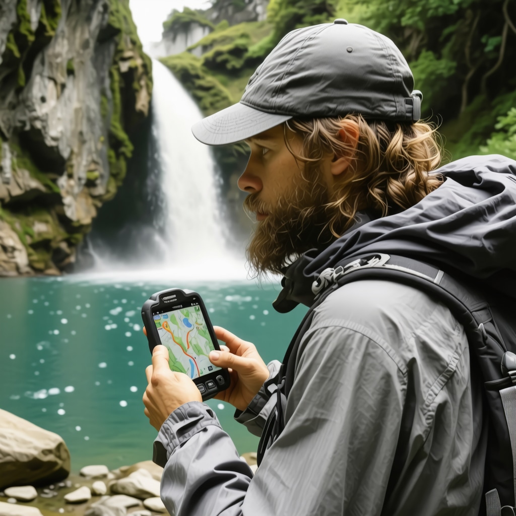 Hiker using GPS device with topographic map in National Park Krka landscape